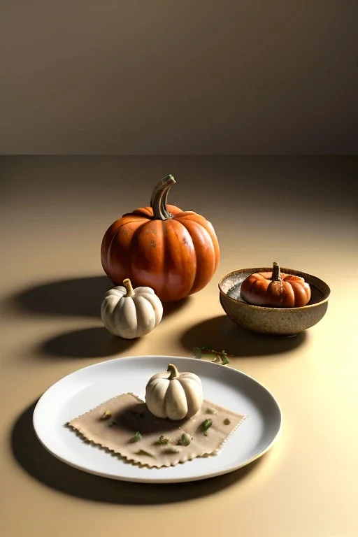 renaissance style still life composite, dish of Raviolis with pumpkin and truffle, olive oil. moisture, art, natural, ornaments, ceramic, marble, high kitchen, smooth, god rays, unreal engine 5, ray tracing, RTX, lumen lighting, ultra detail, volumetric lighting, 3d.