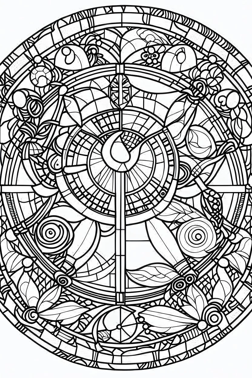 kids coloring page, stained glass church windows, cartoon style, thick lines, low detail, no shading