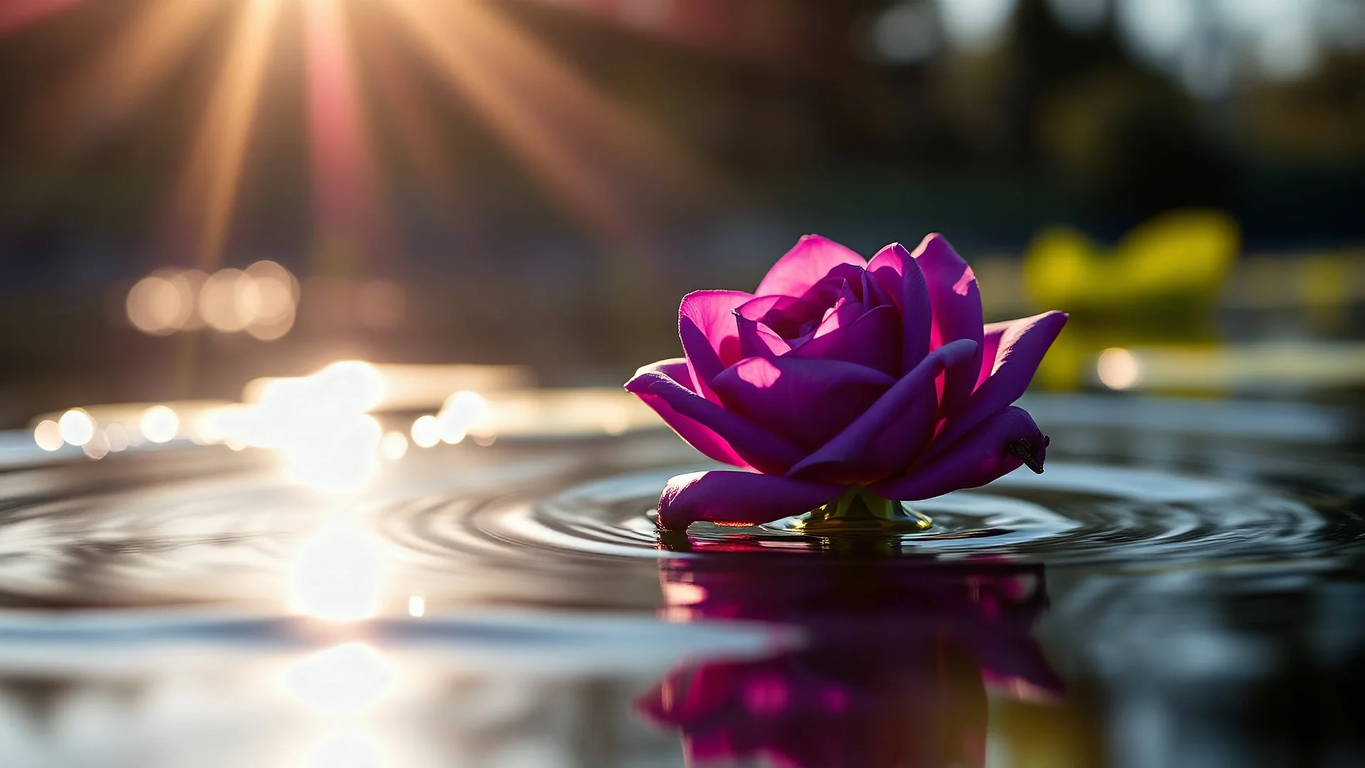 a purple rose floating on the water,,8k,rays of sunlight,bokeh,using the Sony Alpha A7R IV,