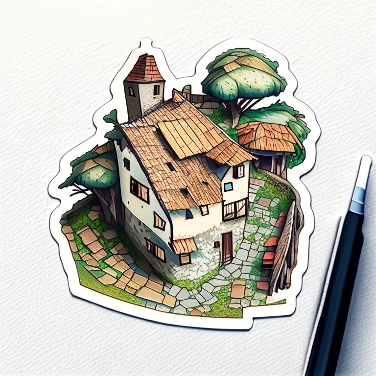 aerial view of a drawing village house as a sticker