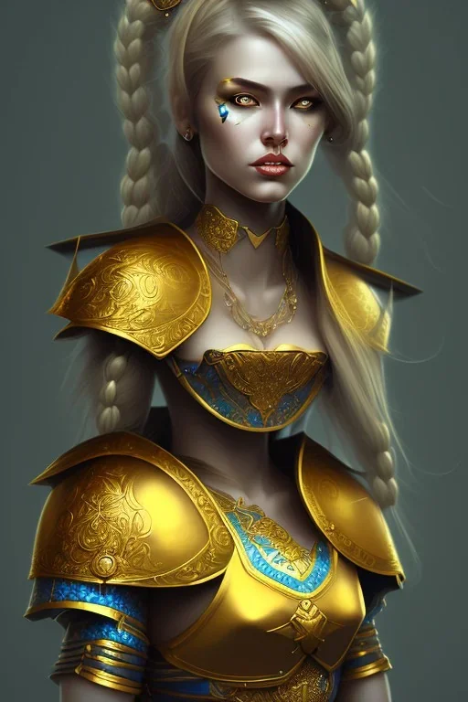 lady warrior with gold short top and flower