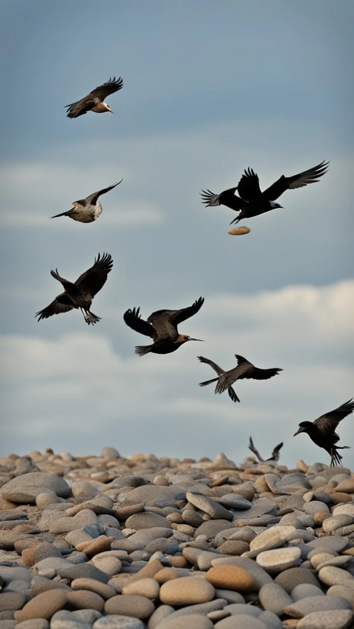 There are many birds in the sky, carrying stones in their feet and beaks