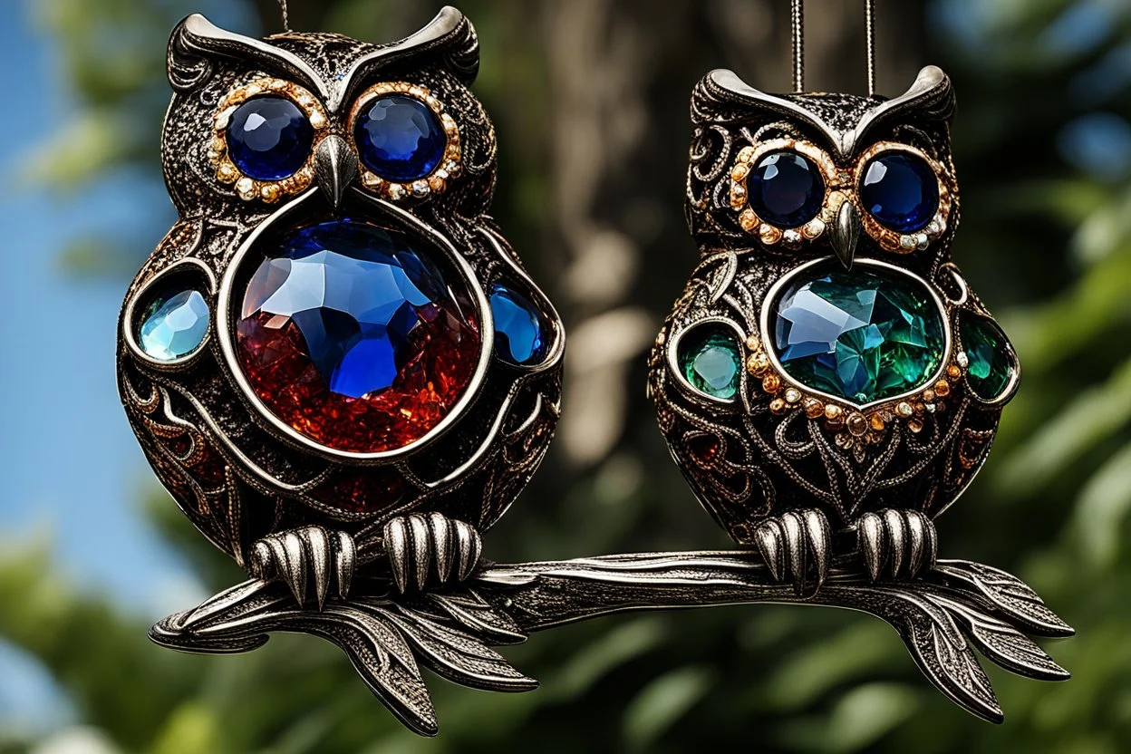 Coloured glass owl set with gemstones, glittering metal and gemstone parts in garden sharp focus elegant extremely detailed intricate very attractive beautiful dynamic lighting fantastic view crisp quality exquisite detail in the sunshine gems and jewels