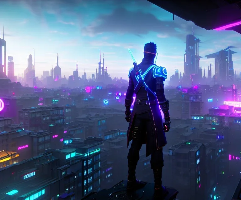 cyberpunk scene, 3d render, great detail, ninja, standing on top of building, viewing the city