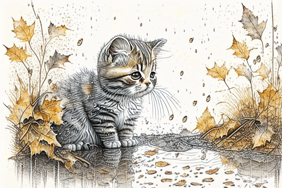 Cute soft contented kitten sweeping autumn leaves from the dirt road in the forest, reflecting water, misty morning sky, intricate zentangle, muted colours, employ golden ratio, elegant, intricate, very beautiful, high definition, hdr, pencil sketch, ultra realistic, ink, wet on wet watercolor, sparkling background