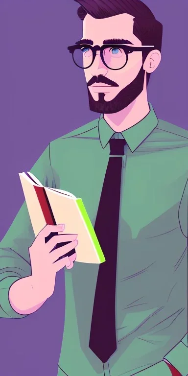 Fit man in round glasses with bookshelf in background, stubble,no beard, reading book, slim, tie, monotone, green eyes, comic book style, two tone colours, detailed, ink, realistic, handsome, square jaw, big brows, no jacket, bird on the shoulder, spotlight