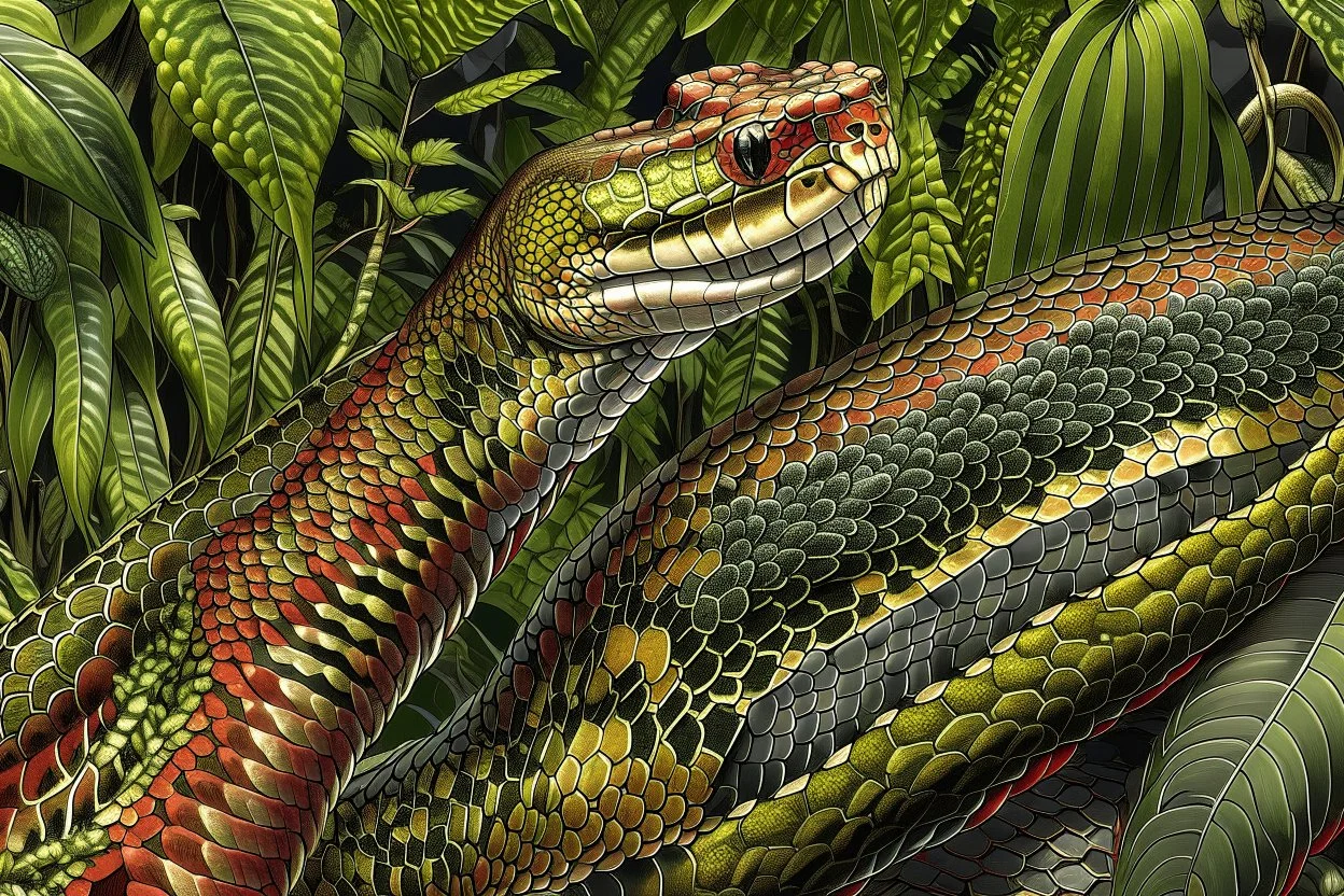 Hybrid 50% animal 50% plant: king cobra (Oipohagus hannah) x Jack-in-the-Pulpit (Arisaema triphyllum) Full width 16:9 close-up illustration filling the entire image width of a hybrid king cobra (Oipohagus hannah) x Jack-in-the-Pulpit (Arisaema triphyllum) creature against a lush forest background. The hybrid has a large, hooded flower with smooth, scaly, green-and-burgundy stripes that is simultaneously the head of a king cobra ready to strike. The upper part of the hood appears to have eyes, an