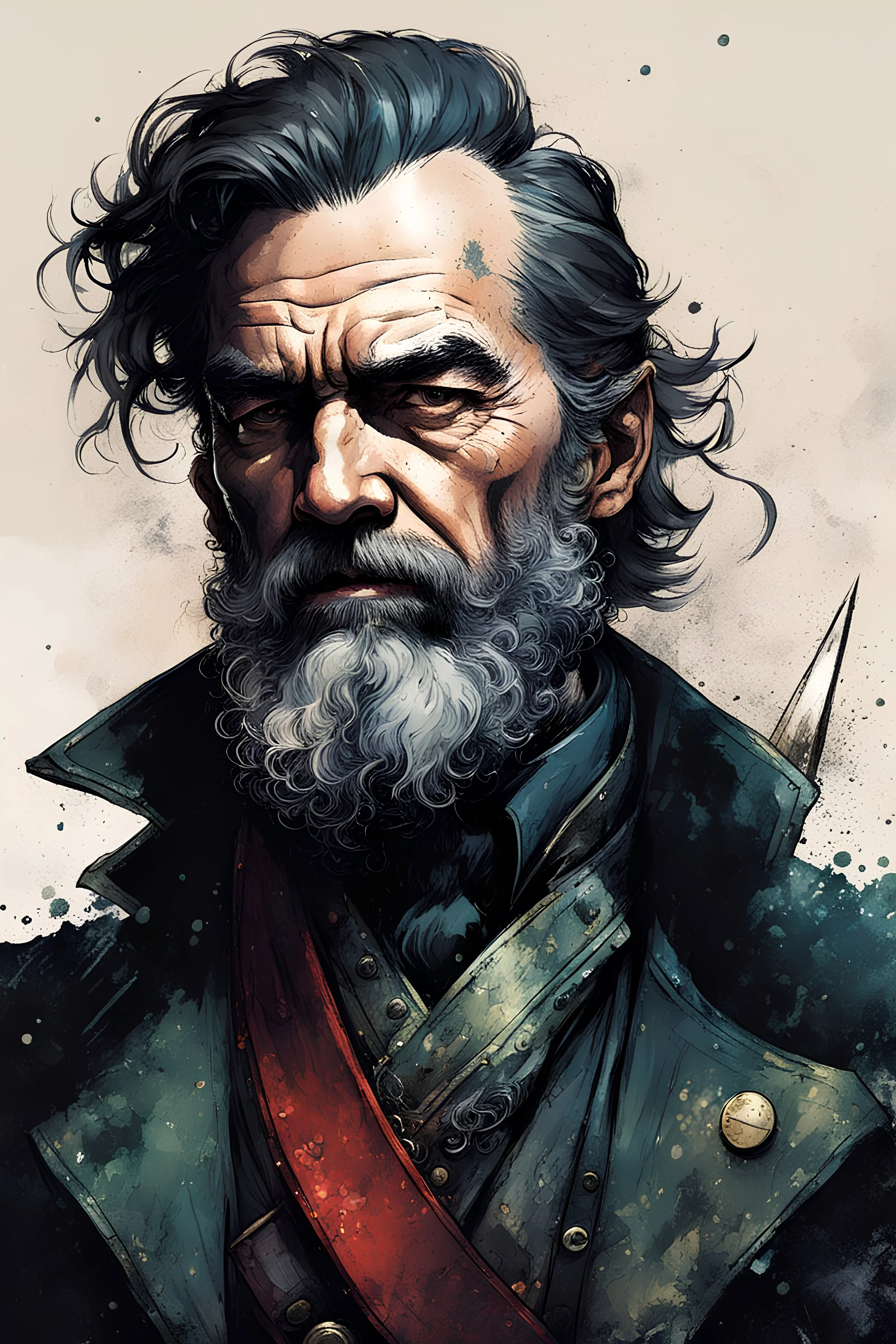 character concept illustration of a lean and weathered, Scottish sea captain , maximalist, sharp focus, highest resolution, in the styles of Bill Sienkiewicz, Denis Forkas , and Masahiro Ito, boldly inked, 8k, coarse, gritty textures