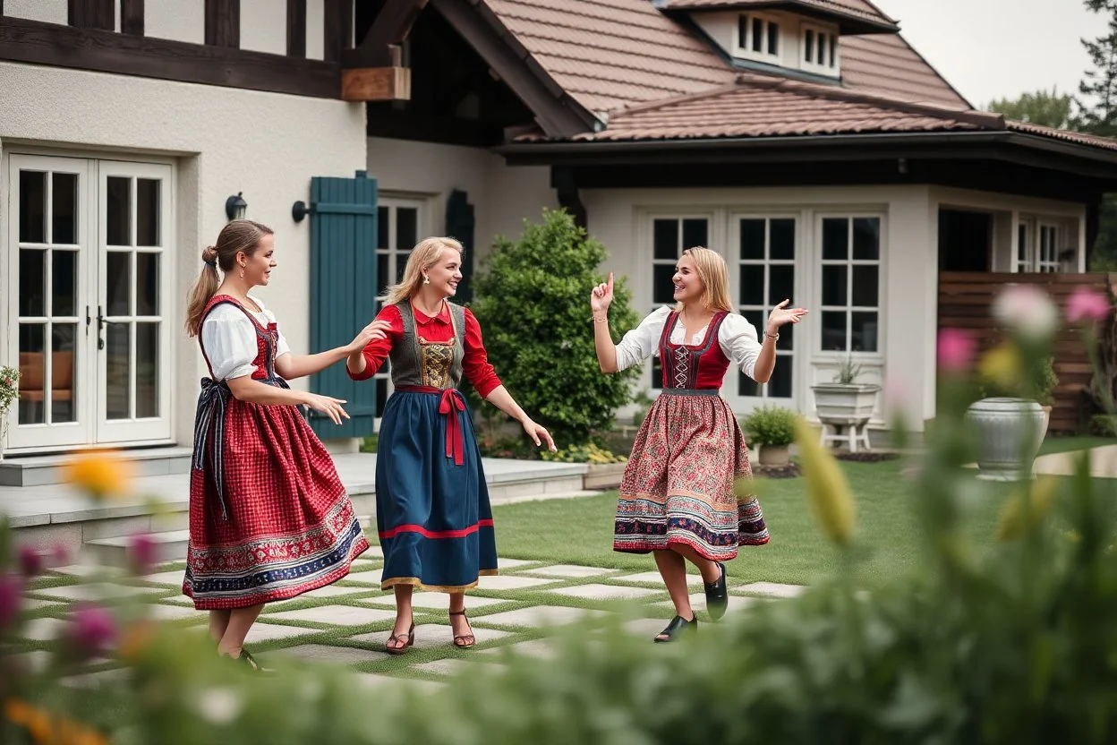 beautiful girls in German folk custom dancing in a modern villa garden yard