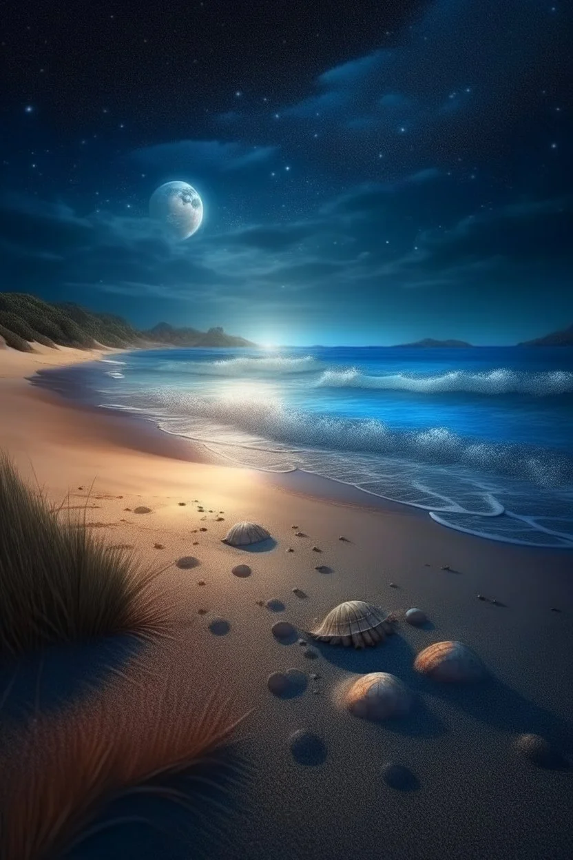 magic sea, beach with sand, shells, realistic, professional photo, 4k, top view, cosmic sky, stars, full moon, milki way