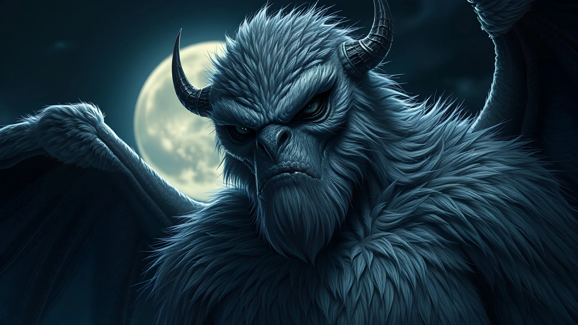 closeup big stocky gray furry monster man with dark wings, night, full moon, 8k, high quality, trending art, trending on artstation, sharp focus, studio photo, intricate details, highly detailed, by greg rutkowski