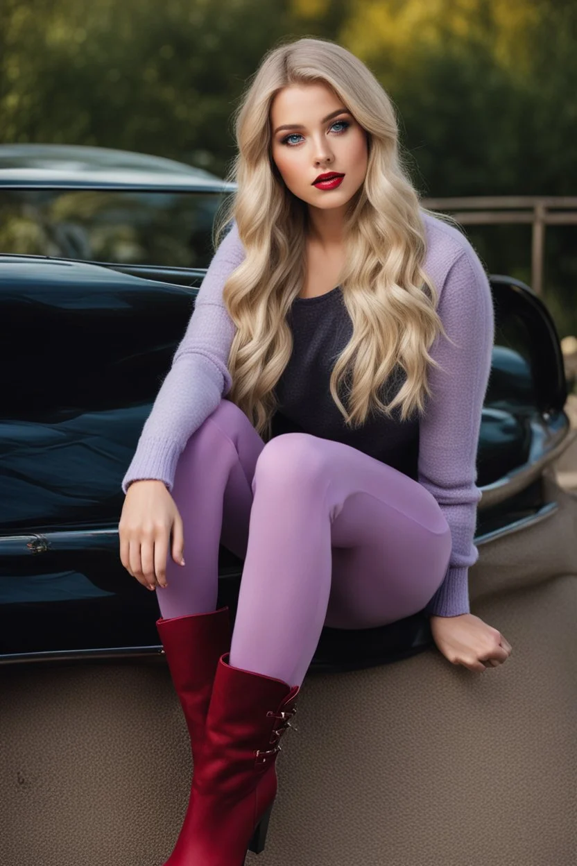 beautiful 18 year old girl with ash blonde hair and blue eyes with her curvy hair down, wearing a long-sleeved woollen top, and lilac long leggings, with long red boots full body shot