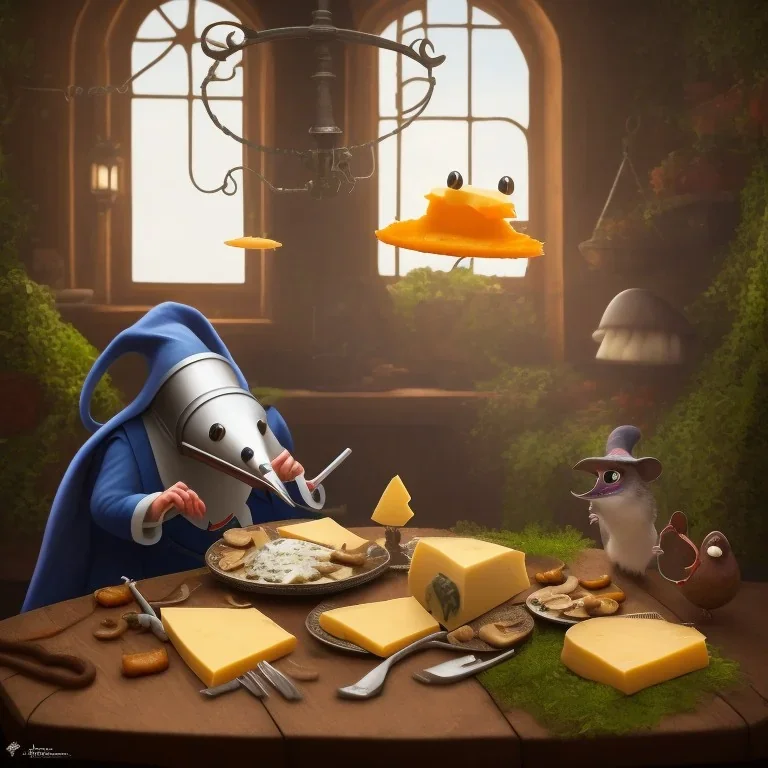 A Plague Doctor (AND) a Mouse having a port & cheese party while mushrooms grow beside them by Pixar and Dreamworks