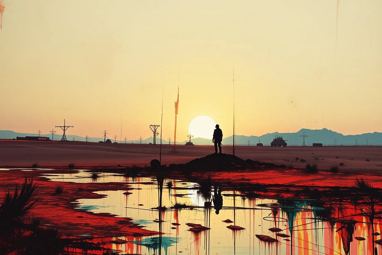 a probable cyberpunk aspect generating in an arafed desert, acrylic and ink, great reflections, burst dynamics, double exposure, liminal space, harsh contrasts, sharp shadows, jux:tox, ink leaks and splinters, e.x.p.l.o.d.e and blast vibe