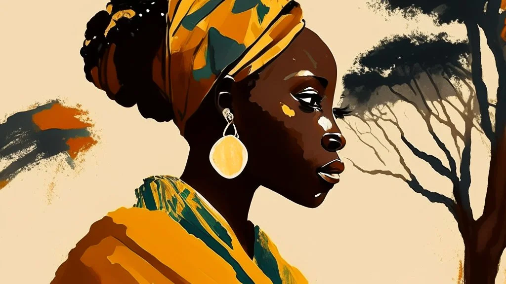 Design, African woman, oil painting, featureless, graphic, drawing without facial features, background, sky, trees, traditional clothes, look to left