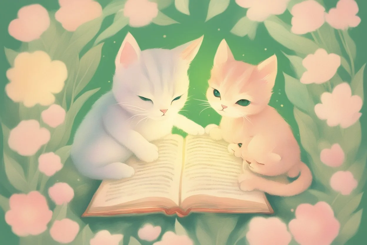 double exposure, merged layers, diaphanous colorful transparent light cute chibi cat mother reads a fairytale book to his baby kitten in a bed, flower tapestry, in a bedroom in candlelight with glowing center on green leaves and flowers, heart and love, pastel colors, melting watercolor on wet paper, soft strokes, shading colors, ethereal, otherwordly, cinematic postprocessing, bokeh, dof in sunshine