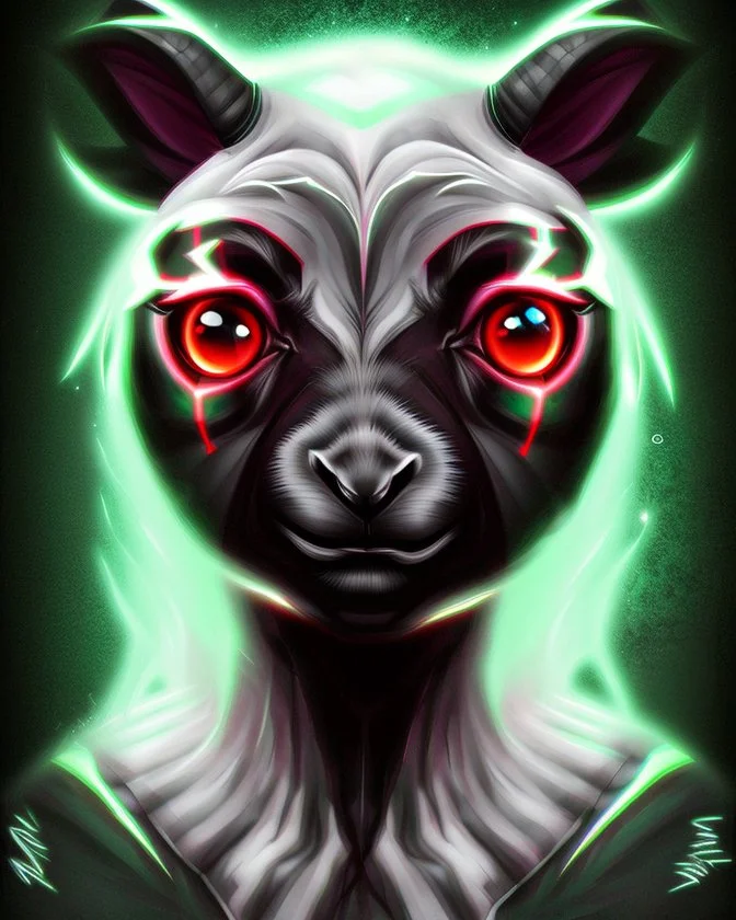 Comic book art style black lamb with red eyes, contrasting green meadow, cartoonist, digital portrait, dark fantasy, black iridescent skin, holographic, shiny, PVC texture, wet look, anime, gothic