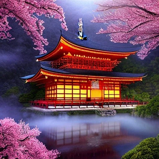 the most beautiful, stunning Japanese temple built into a mountainside, morning mist, cherryblosssoms, serene, peaceful, artwork, flickering lights, ornate, baroque, 8k, high-quality, fine-detail, intricate, digital painting, brian froud, howard lyon, selina french, anna dittmann, annie stokes, Greg Rutowski