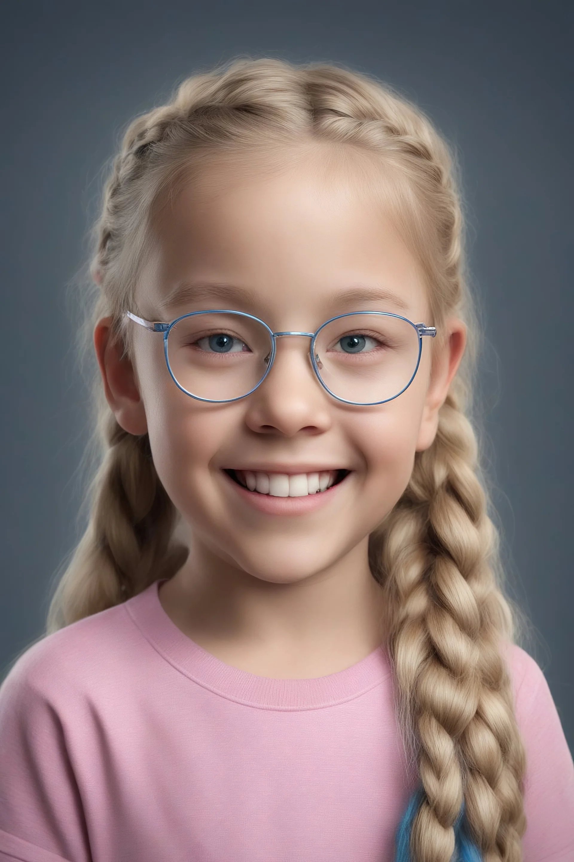 8K Ultra-HD, Hyper Realistic, Photorealistic, Realistic, focused, Clear, Extremely Detailed, beautiful, Cinematic, proportionate, full color, headshot image of a smiling 8-year-old girl with long blonde hair, pulled back into braids, wearing a pair of blue round lensed glasses, and a pink and blue button t-shirt, big happy smile, a foggy, cloudy, blue background