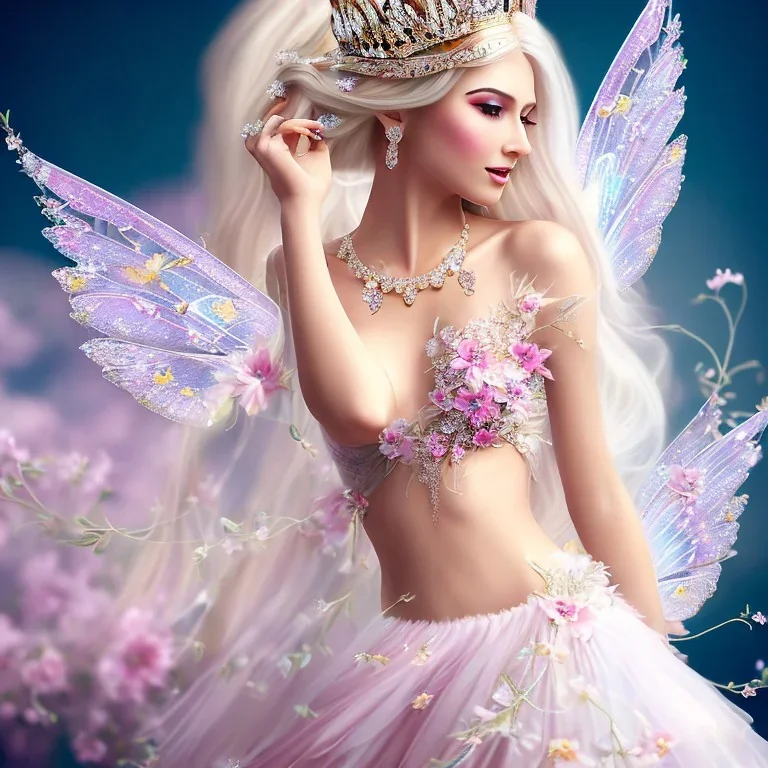 fantasy fairy with transparent wings, smiling, make up, long platinum blond hair with crown and flowers, pink dress