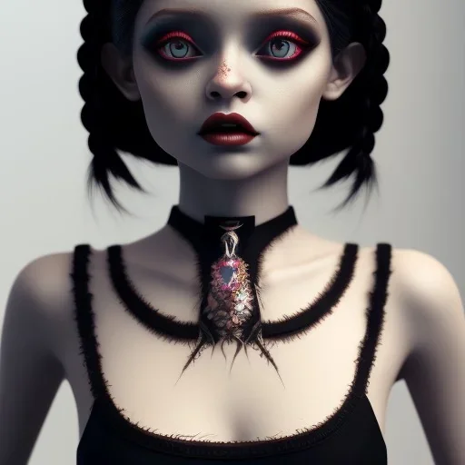 Female Jenna ortega black dress,soft goth libstick, wednesday addams family make up, brad double wig, dramatic lighting, highly detailed, volumetric lighting, unreal engine, 8k
