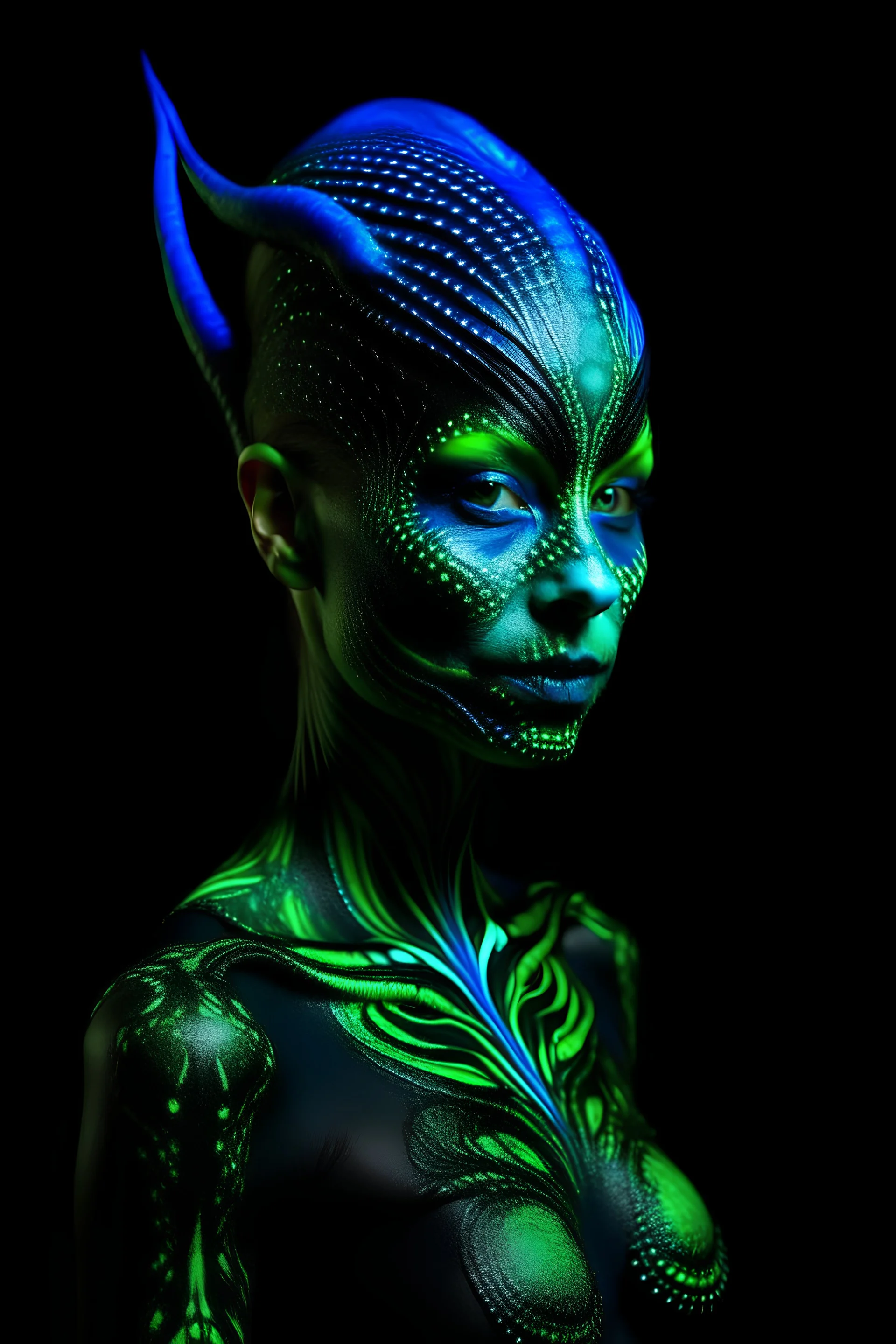 Alien 6 feet, with a slender and graceful figure. skin is a mesmerizing blend of deep, dark, reminiscent of a moonlit forest.midnight blue, emerald green, and deep purple. The skin is intricate patterns that resemble constellations, has 4 eyes are large, glowing with an eerie, phosphorescent light.a piercing shade of neon green,aura.face is framed by long, flowing tendrils of bioluminescent hair, reminiscent of glowing jellyfish tentacles.