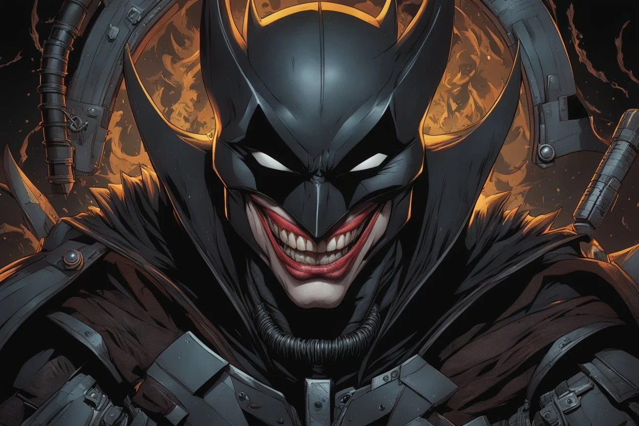 Cover eyes, The batman who laughs model, 8k comic book artstyle, cover eyes, evil laugh smile, darkness them, close picture, apocalypse, intricate details, highly detailed, high details, detailed portrait, masterpiece,ultra detailed, ultra quality
