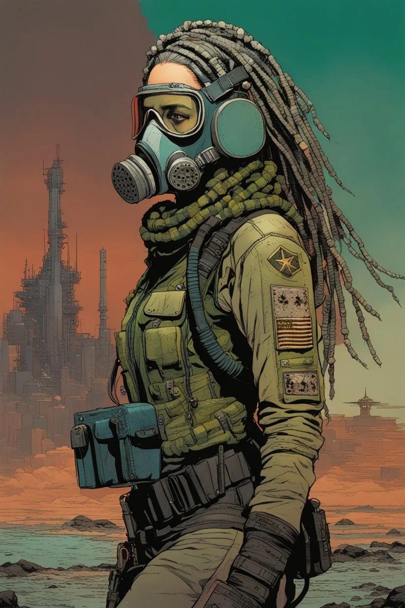 front facing full length portrait illustration of a grunge armored female with beaded dreadlock hair cyberpunk vampire mercenary with gas mask, telecommunications headset, and shemagh, highly detailed with gritty post apocalyptic textures, toxic irradiated landscape, finely detailed facial features and hair, in the graphic novel style of Bill Sienkiewicz, and Jean Giraud Moebius, with elements of collage, mimeograph, and pen and ink