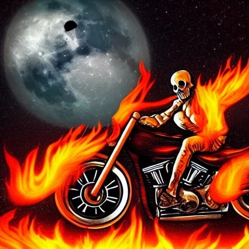 Ghost rider riding in hells flames doing a wheely in hell with the moon in the background