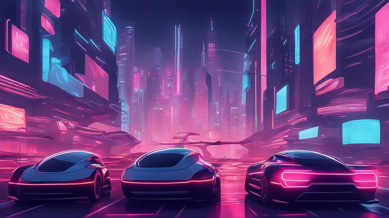 A futuristic cityscape at night with neon lights and flying cars.