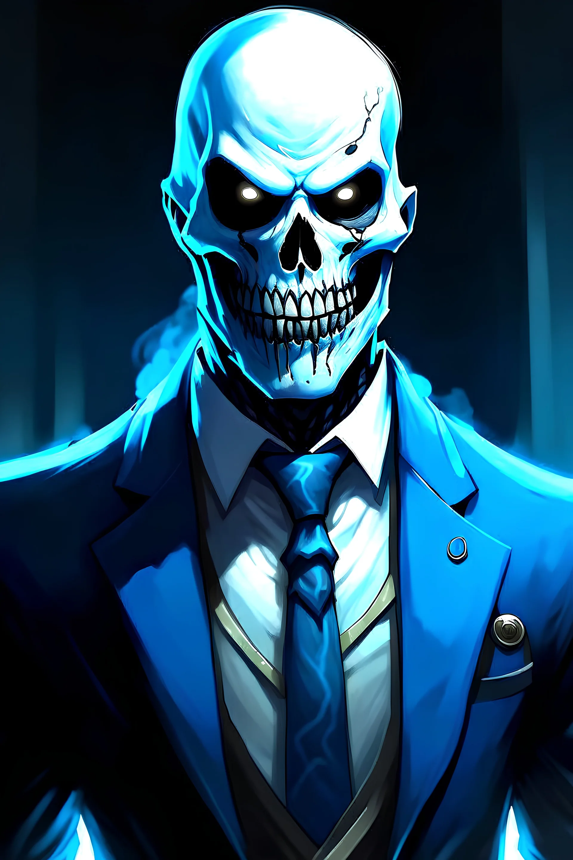 personaje de videojuegos el fantasma Charlot Martínez, es un jefe del infierno, tiene dientes como de serrucho todo su cuerpo es de color celeste y tiene un collar fantasma