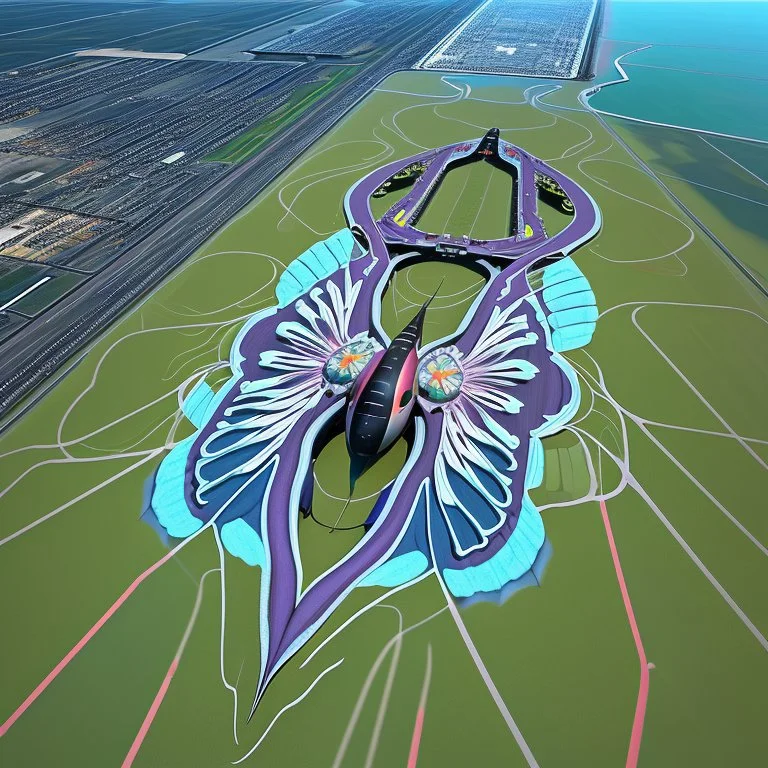 Vista aérea simétrica de un aeropuerto en forma de mariposa, espectacular, impactante, calidad ultra, maximalista, 8k 3D