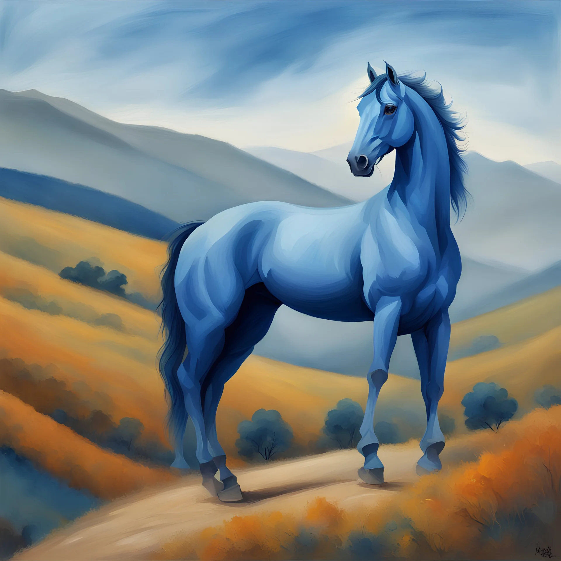 a blue horse in hills like a 19th painting