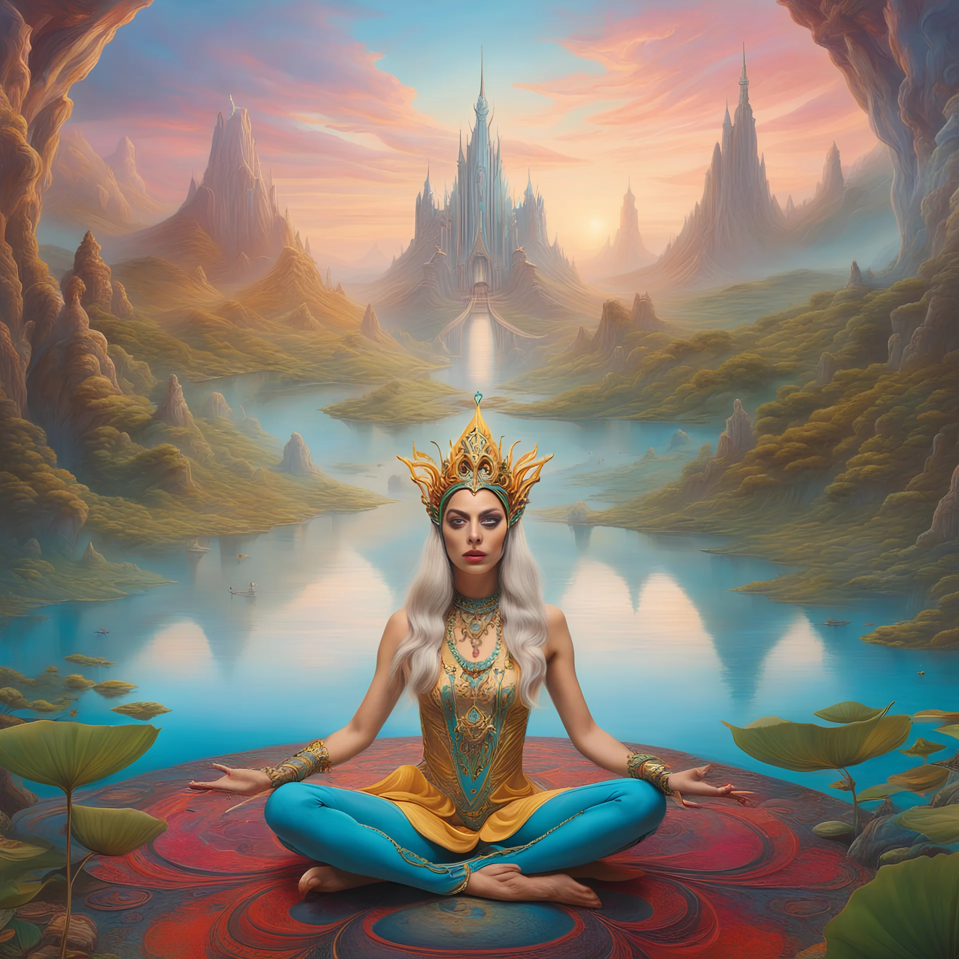 art by Patrick Woodroffe in the style of Salvador Dali, psychedelic colors, Lady Gaga as an elf queen, seated in lotus position, in an elven kingdom, HD 4K ultra high resolution, photo-real accurate, cinematic volumetric lighting