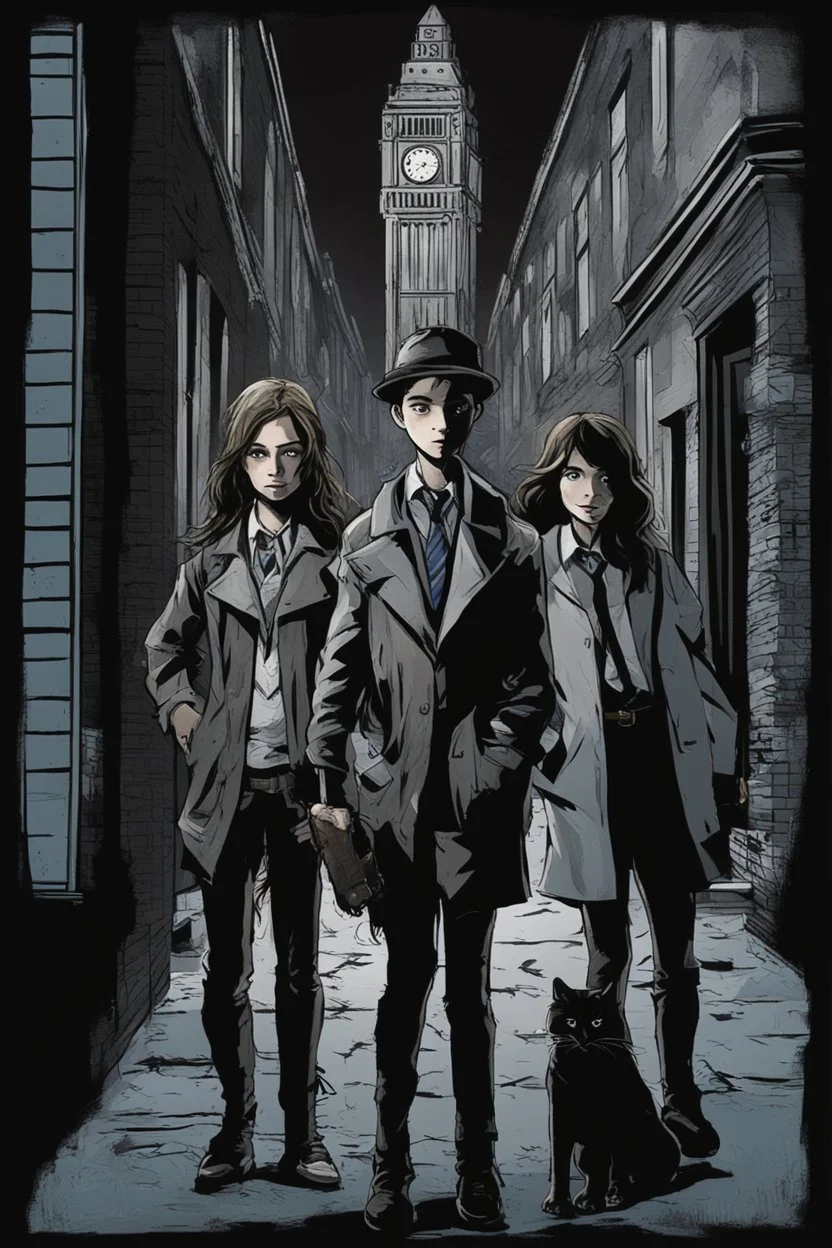 Design a detective book cover for teenagers. Three teenage detectives and black cat in the centre, one boy on her left, the girl in the centre and one on her right are on the town street. Banksy style, modern comic book style, mysterious atmosphere,