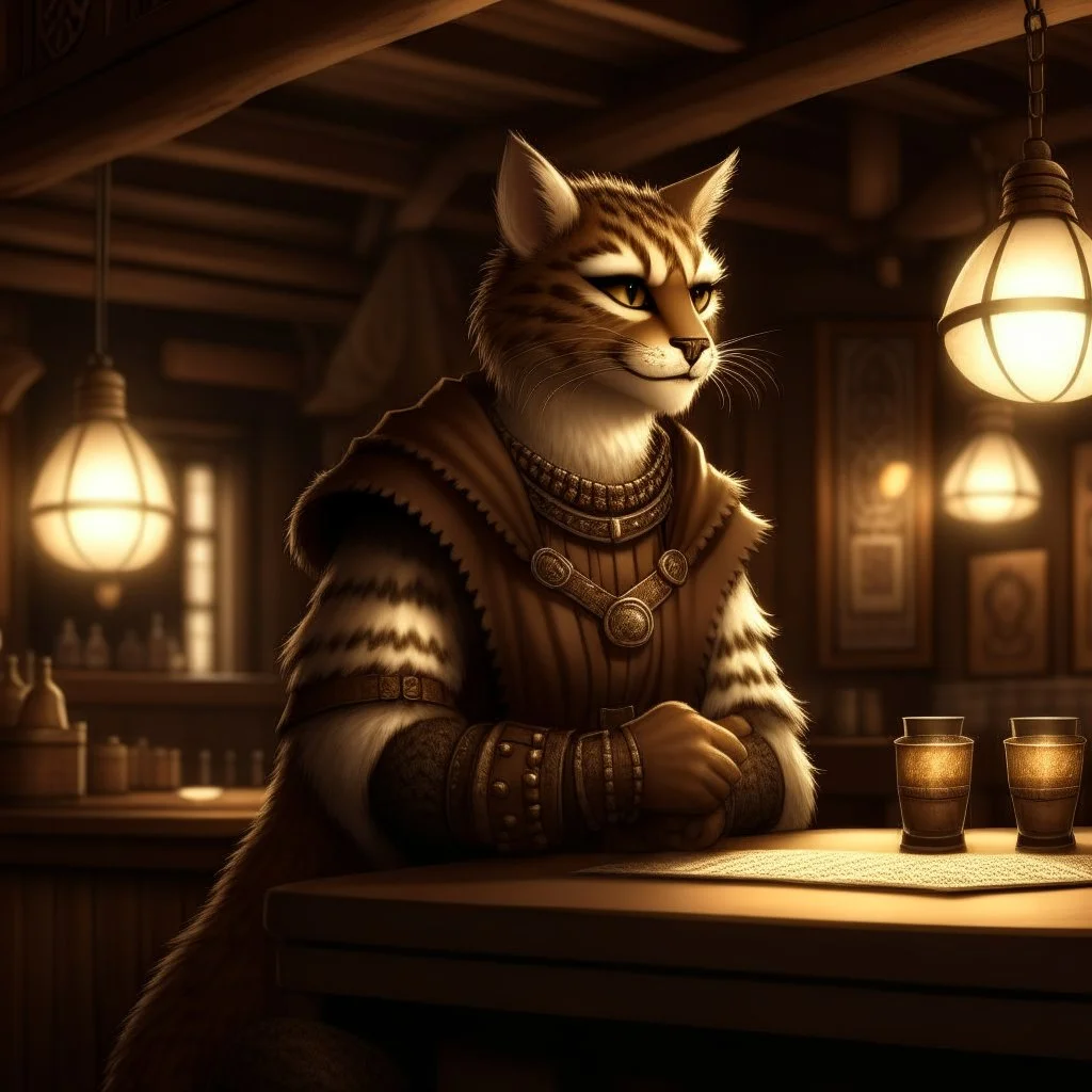 A khajiit with brown spotted fur in a medieval fantasy tavern