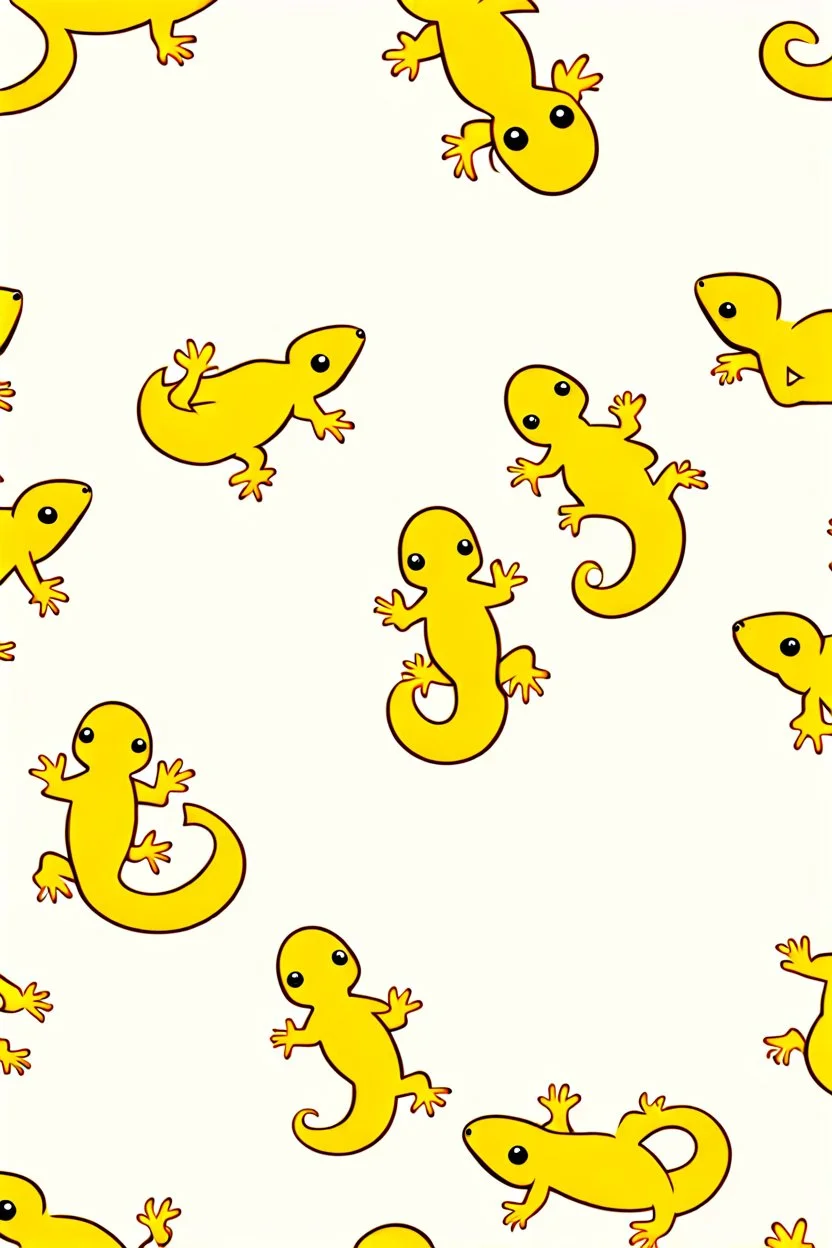 Lots of little tiny cute cartoon newts on a golden background