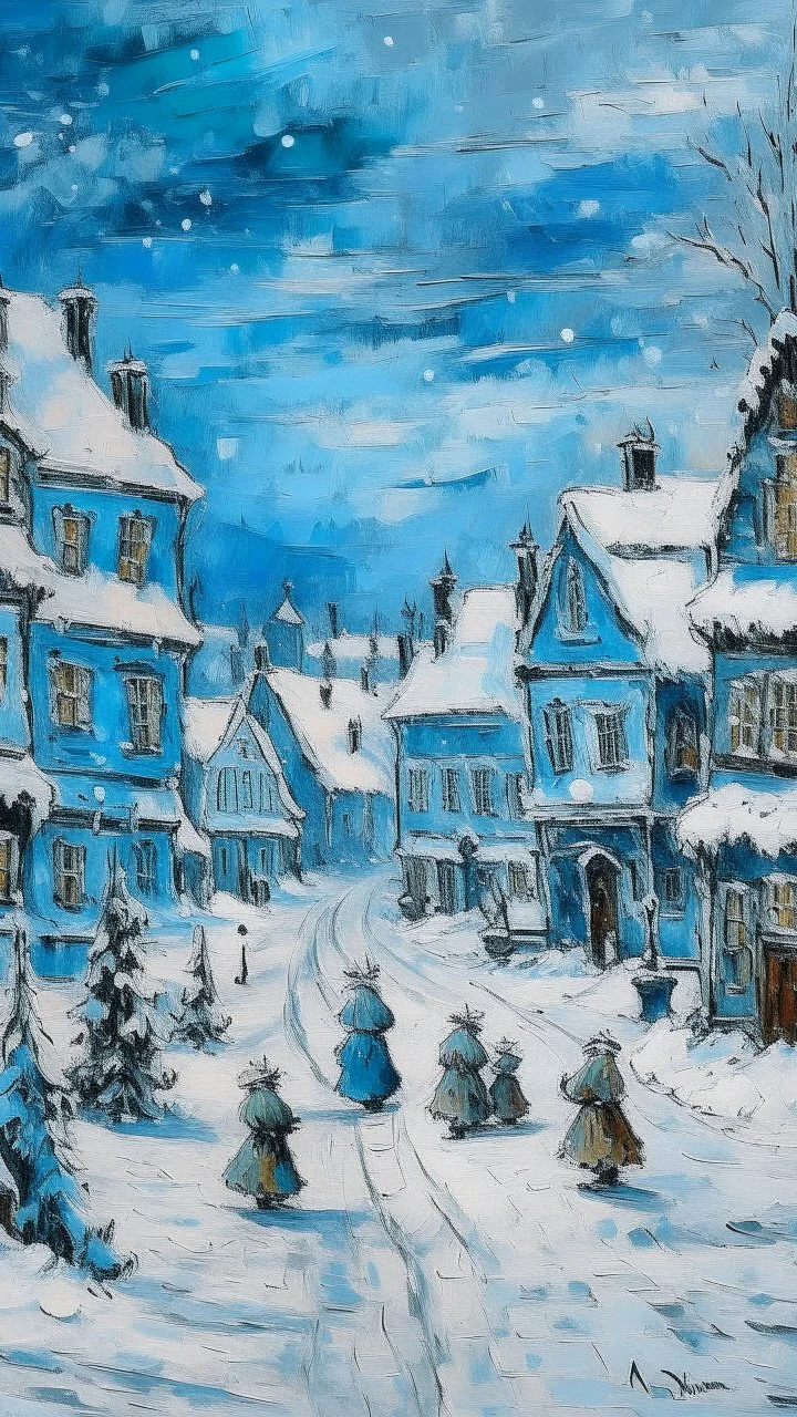 A cyan snowy Christmas themed town painted by Claude Monet