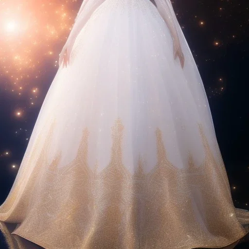 model shoot style, digital art full body portrait of (Princess Leia) ((dressed in white and gold gown)), surrounded by planets, ultra-detailed, ultra quality, ((official character art)), (dark fantasy), illustration, eerie atmosphere, 8k, cinematic lighting, bokeh