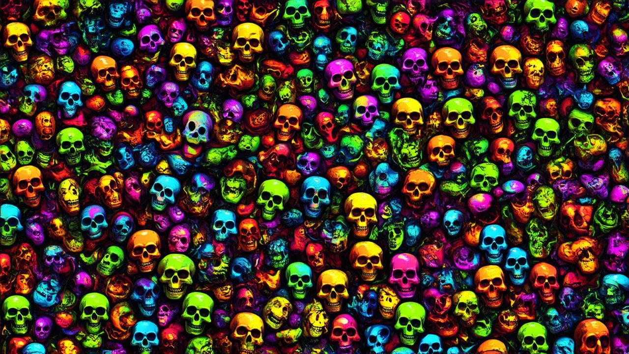 a field of 1000s of cartoonish, anatomically correct, skulls, vivid RANDOM BRIGHT neon colors, dark comedy, well lit, high detail, photorealistic, horrorcore, fun, scary, none featured, each a different color or hue,