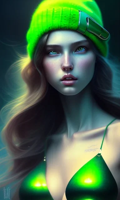 girl, sexy, beautiful, long hair, wavy hair, green hair, blue eyes, green beanie, green bra,big boobs, black tee shirt,full body portrait, 8k resolution concept art portrait by Greg Rutkowski, Artgerm, WLOP, Alphonse Mucha dynamic lighting hyperdetailed intricately detailed