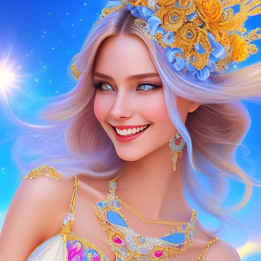 Beautyful smiling young woman, long hair amazing blue eyes, flowers, happy cosmic, bright colors, blue, pink, gold, jewels, realistic, photo real, clear sunny background, highly detailed, high contrast, 8k high definition, unreal engine 5, extremely sharp detail, light effect, sunny light background