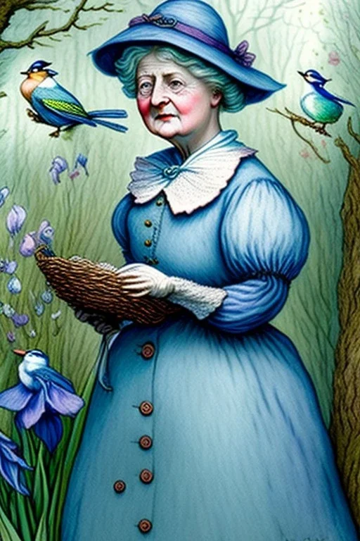 Friendly witch, playing with robins and bluetits, perfect iris, pastel colours, style Beatrix Potter