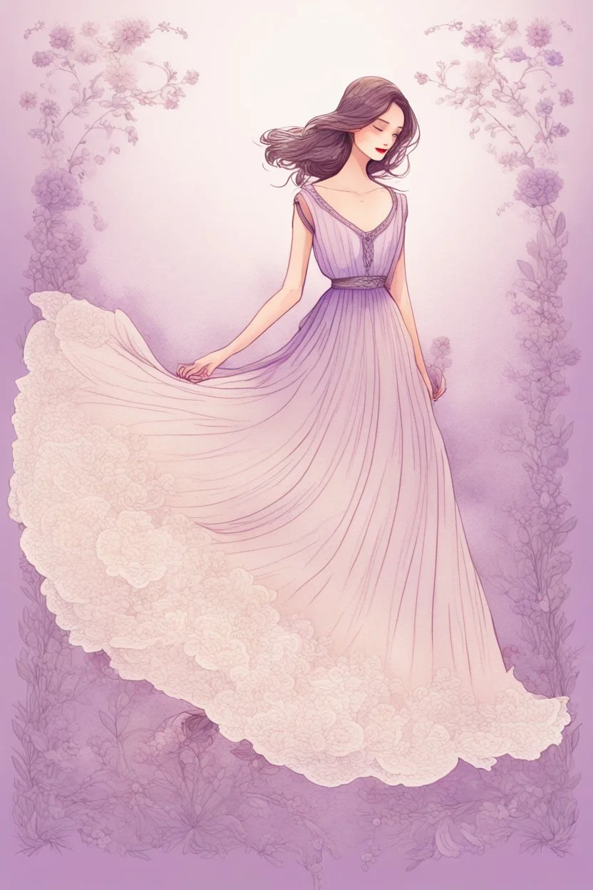 an illustration of a Beautiful woman stands gracefully in an elegant, flowing lavender dress adorned with delicate floral patterns and lace. The backdrop behind her transitions from cream at the bottom to soft hues of lavender at the top, creating a whimsical and almost magical atmosphere. To her right, a piece of lined paper appears, as if torn from a notebook. The borders of this paper are embellished with beautiful flowers, by Ryohei Hase, Agnes Cecile, Raymond Swanland, Anne Bachelier