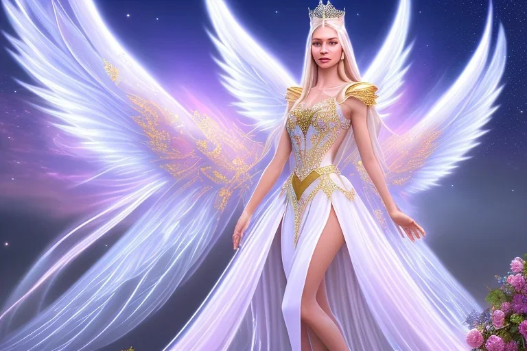 beautiful, very soft, smiling, very straight and long blonde hair, dewy and shiny vibe, diamond crown, long fairy wings in the back, full head, golden veil clothes, smiling, bachground light pink and blue