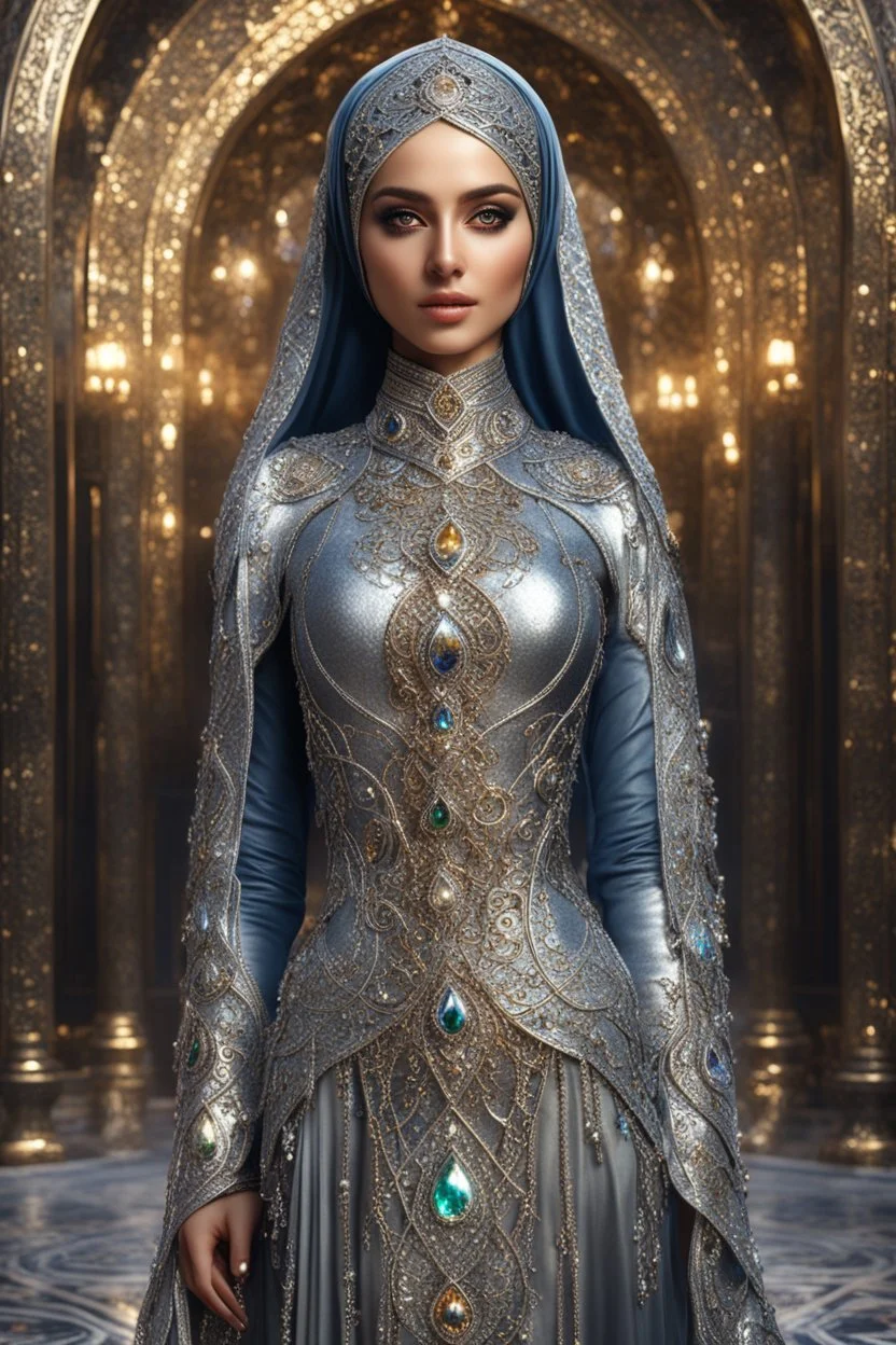 Full length picture photography realistic full body of young iranian woman hijab, beautiful, shiny hard eyes, make up, Fantasy style, ornate, large gemstones, shiny molten metalics, shiny wire filigree, silver hair, high definition, high res, octane render