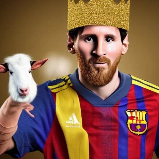 messi as king with wearing crown and king stuffs and clothes and holding a little white goat on his hand ,hyperrealistic,8k,detailed,rendered.texrured.