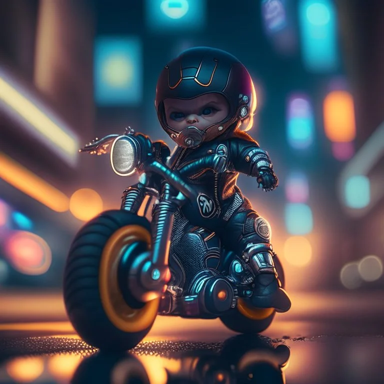 A Sharp Kawaii tiny hyper realistic baby ironman riding mini harley davidson, wearing bikers clothes with freestyle action, night of cyberpunk city background. wide angle full body, 8k, Cinematography, photorealistic,epic composition Unreal Engine,Cinematic, Color Grading, Portrait Photography,Ultra-Wide Angle, Depth of Field, hyper detailed