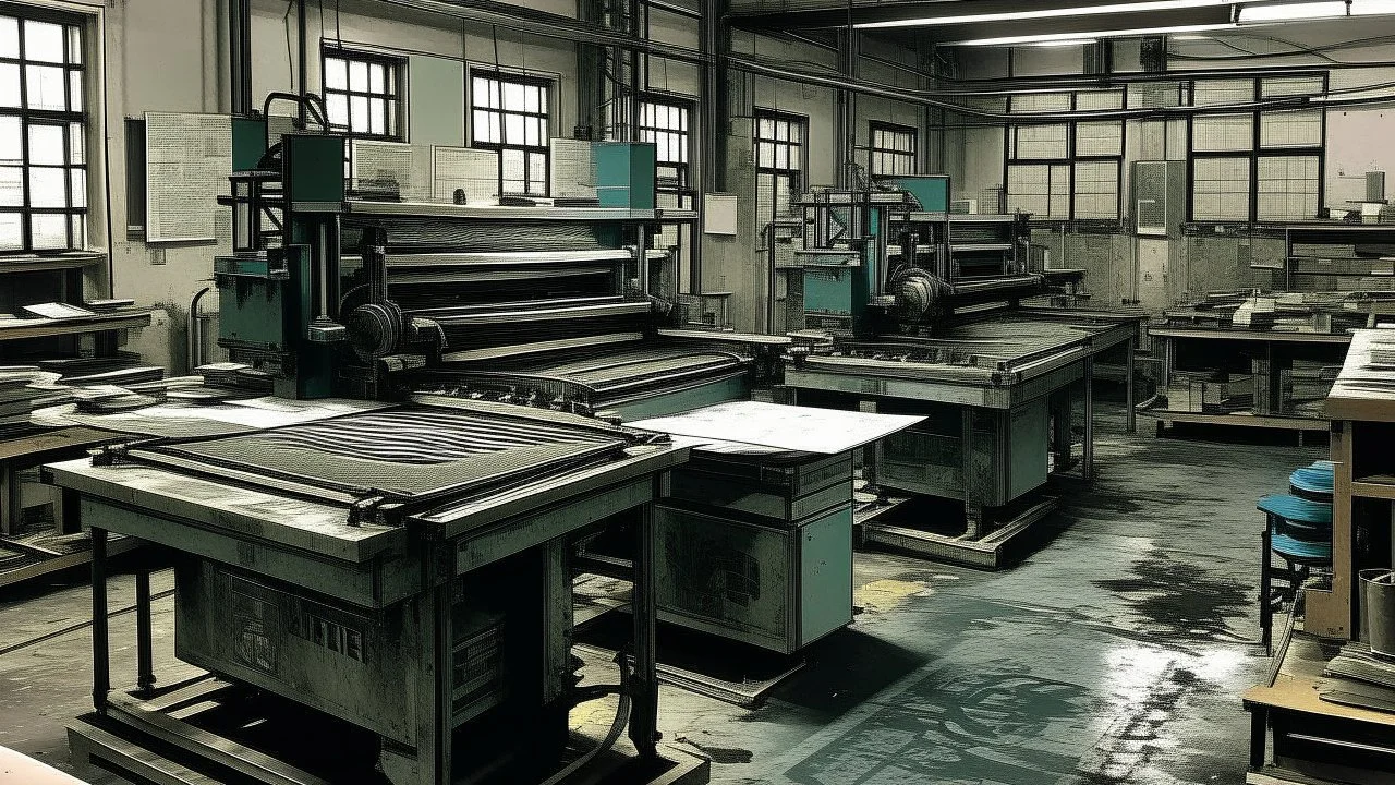 A gray factory with a printing press painted by Andy Warhol