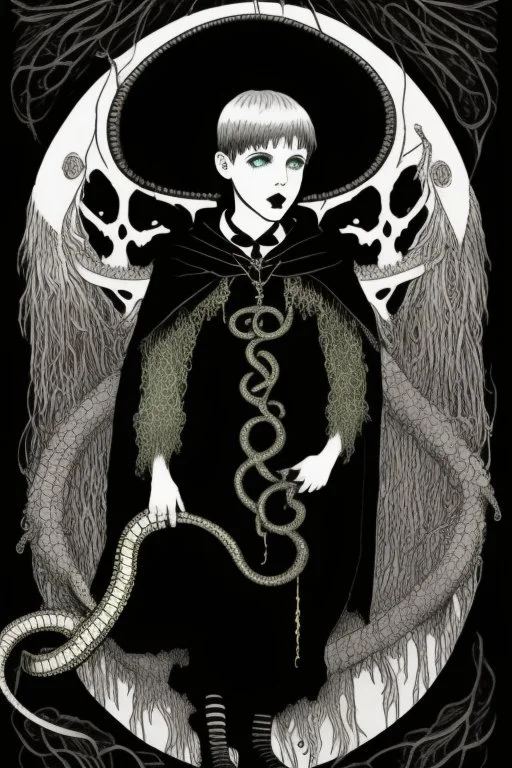 7 year old boy, necromancer, friendly, looks dead,with a lamprey serpent , wearing black robes, in the style of Harry Clarke